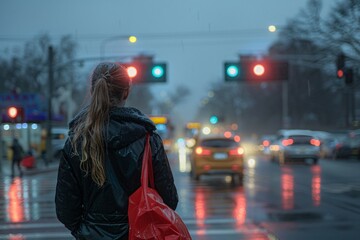 A young person with long hair stands under light rain, holding a red bag. The surroundings are blurry with oncoming cars and illuminated traffic signals, highlighting the evening ambiance