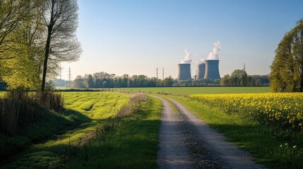 Obraz premium Rural Countryside Path, Spring Flowers, Power Plant Cooling Towers