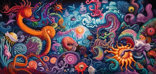Surreal underwater scene with sharks swimming in a vibrant, swirling vortex of color.  Ocean fantasy art.