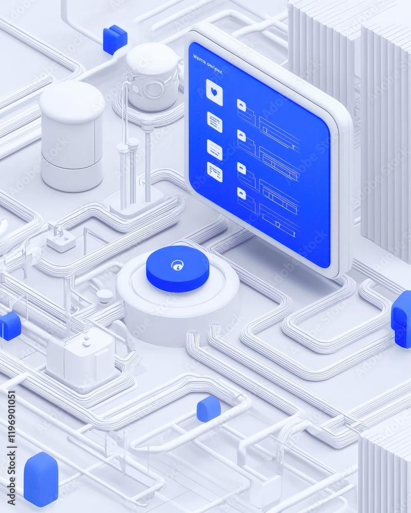 Poster abstract 3d digital network with blue interface on white background representing technology and inno