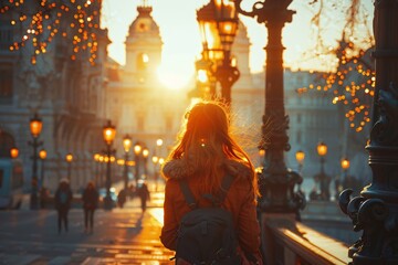 Obraz premium A person walks away along a city street adorned with lights, enjoying the warm glow of sunset. The architecture and lampposts create a magical atmosphere filled with festive charm during the evening