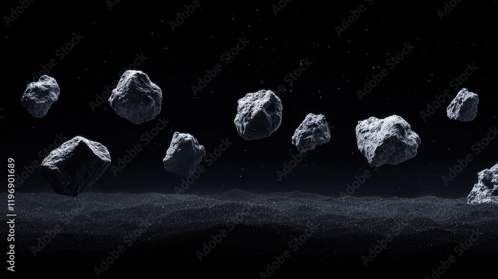 Poster dynamic kuiper belt objects in space asteroid field digital art cosmic environment wide-angle view a
