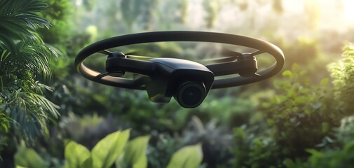 Drone flying over lush tropical foliage.  Aerial photography technology in a vibrant natural setting.  High-quality image.