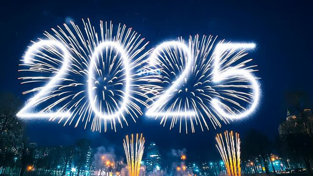 Fireworks dazzling night sky 2025.Bright lights celebrate new year.Display city,seen afar.Evening festivity.Sparkling illuminates dark.Celebration atmosphere explosive brightness.
