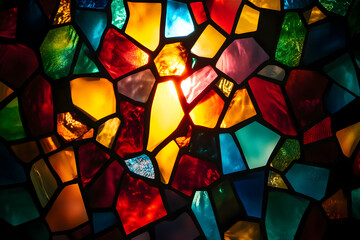 Colorful Abstract Stained Glass Art with Vibrant Geometric Shapes and Bright Sunlight Shining Through. Generative AI