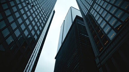 Toronto's Financial District skyscrapers under gentle, soft light diffused shadows, subtle illumination, detailed focus,