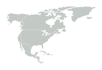 Vector outline of North America, Greenland and Gulf of Mexico. Gray map on white background.
