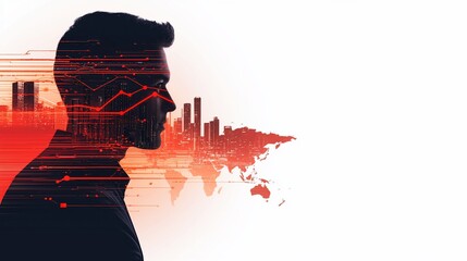 Silhouette of a man overlaid with a cityscape and world map, representing global business and technology.