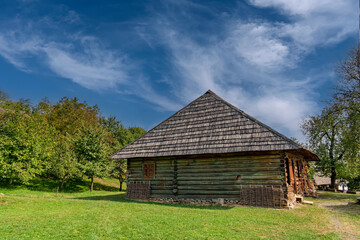 Obraz premium Historic rural house with traditional architecture in open-air museum. Ancient wooden farmhouse with traditional thatched roof on green meadow