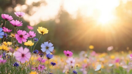 Sunset over colorful wildflowers in a meadow