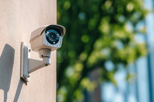 Security camera mounted on a building wall, capturing surrounding area in daylight