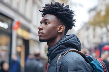 Fototapeta premium Young Black Man City Street Portrait Thoughtful Expression