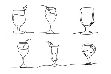 Vector continuous one line drawing of wine glass set