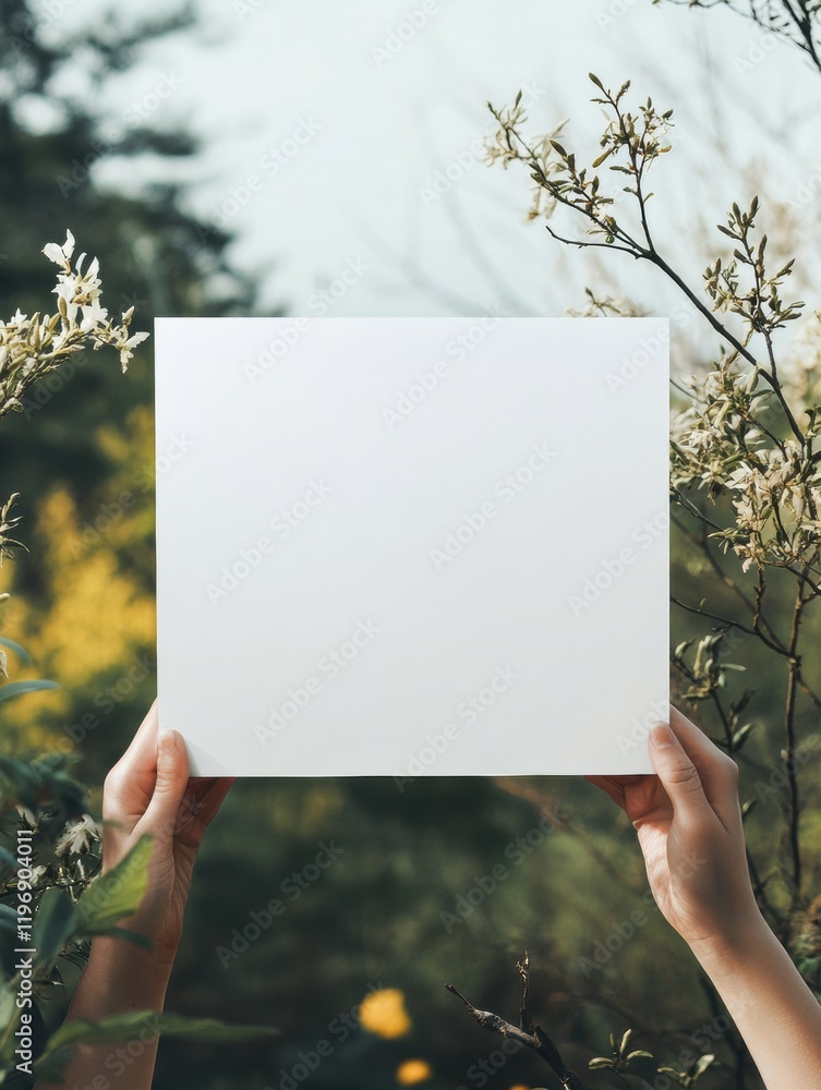Poster Blank canvas being held among lush greenery with space for text and creative ideas in a serene outdoor setting. Generative AI