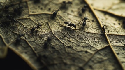 Obraz premium Macro Photography Black Ants Crawling on Dried Leaf