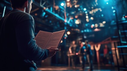 Fototapeta premium Theater Stage Manager Reads Play Script Backstage Lights