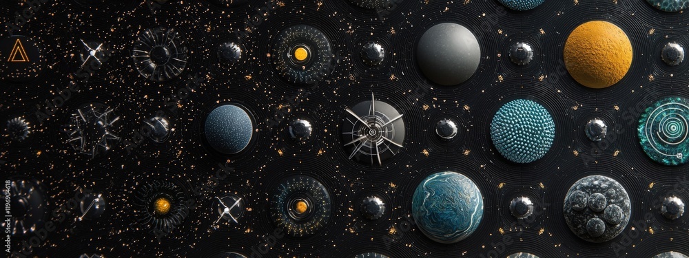 Poster abstract cosmic art displaying various shapes and colors representing planets and celestial bodies