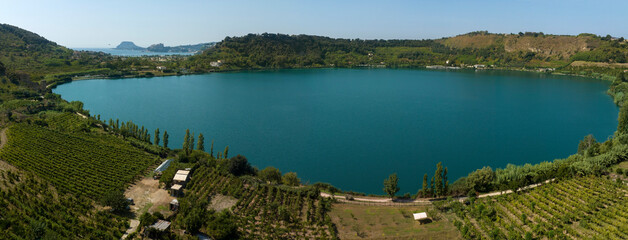 Aerial view of Lake Avernus (Lago d'Averno) located Pozzuoli, near Naples, in Campania, Italy. It...