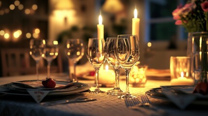 A fine dining table set with exquisite china, crystal wine glasses