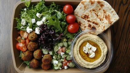 A flat lay of a Mediterranean meal featuring hummus,