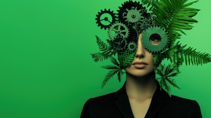 Conceptual portrait of a person with mechanical gears and greenery integrating nature with technology aesthetics
