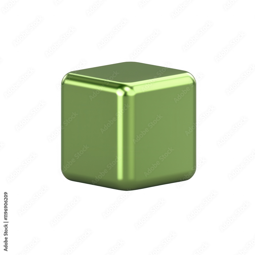 Poster a sleek, green metallic cube reflecting light with a shiny surface., isolated on a transparent backg