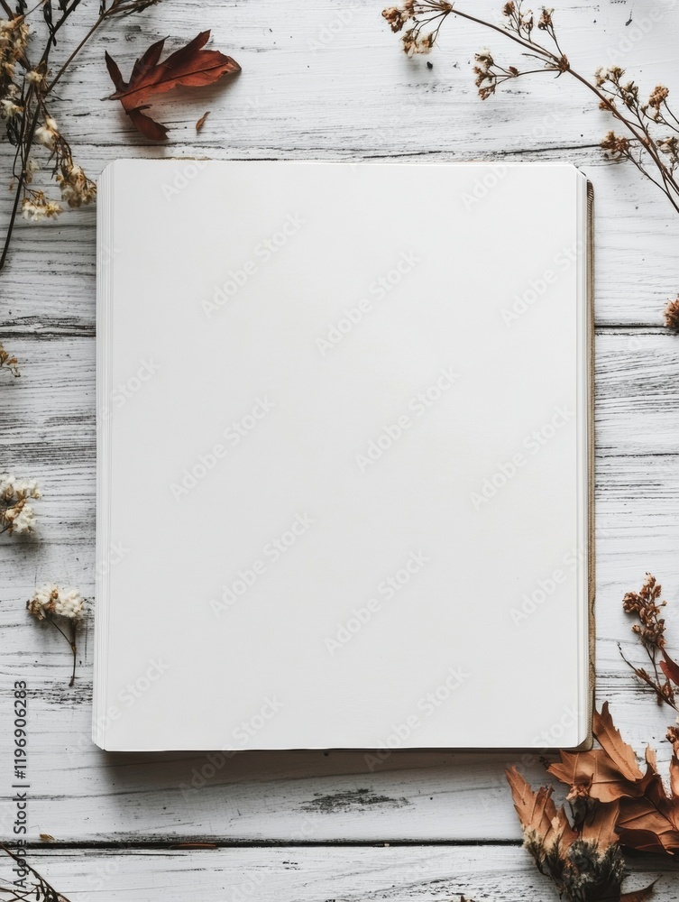 Fototapete blank space surrounded by dried flowers on a rustic wooden table for creative design and text placem