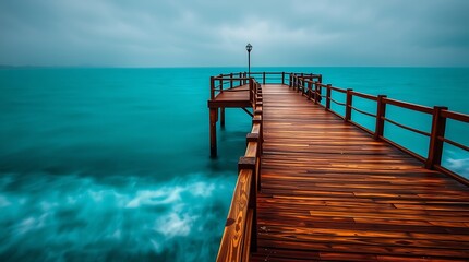 Obraz premium Wooden pier extending into a stormy teal sea.