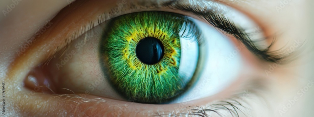 Poster close-up of a human eye with unique green and yellow iris colors highlighting intricate patterns and