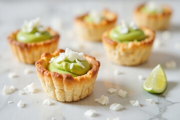 Mini avocado-lime tarts with coconut flakes displayed on polished marble,  vegan, organic and healthy eating concept.