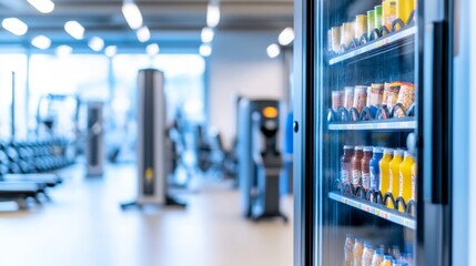 A vending machine filled with beverages in a gym setting.