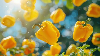 Red bell peppers floating in the air beautifully