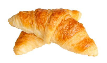Top view of two brown or golden croissants in cross shape in stack isolated with clipping path in png file format
