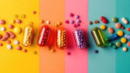 A vibrant array of health supplements and medications displayed artistically against colorful backgrounds, highlighting their shapes and colors