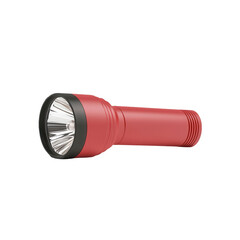 A vibrant red flashlight showcasing its powerful beam and modern design., isolated on a transparent background.