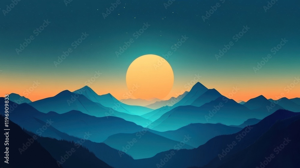 Fototapete vast mountains under a vibrant sunset with ample space for text placement. generative ai