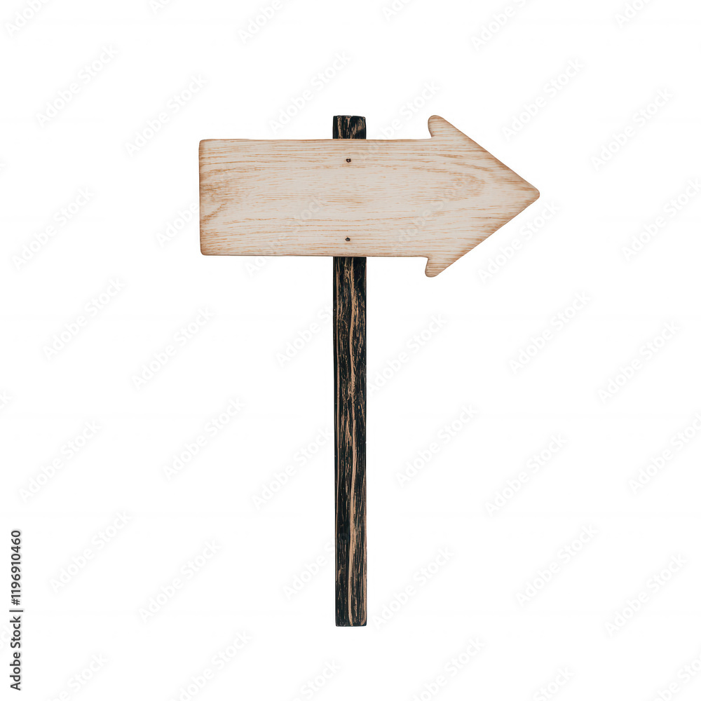 Poster a wooden directional sign pointing right, symbolizing guidance and navigation., isolated on a transp