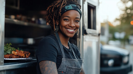 Smiling african american woman in apron working in food truck serving delicious food. Portrait of happy small business owner