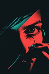 Close-up, stylized portrait; woman's eye, red, teal tones.