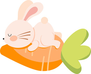 Cute kawaii rabbit bunny sleeping on big carrot vector clip art design element