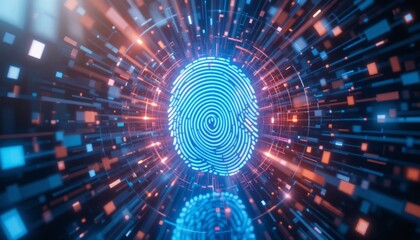 Obraz premium Digital Fingerprint: A Journey Through Cyber Security and Biometric Authentication in a Neon Tunnel