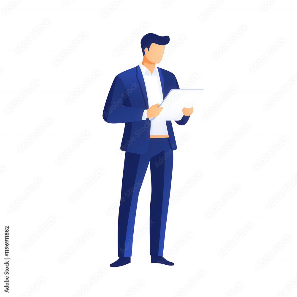 Poster businessman reviewing documents with a focused expression in a professional setting., isolated on a 