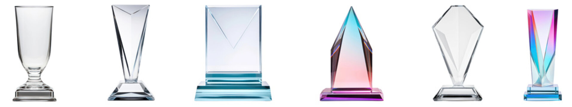 Crystal glass trophy png cut out element set, transparent background