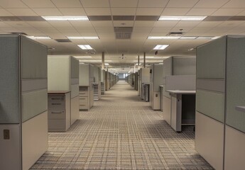 An empty office cubicle, gray walls and carpeted floor with light green accents, rows of desks neatly arranged in the background