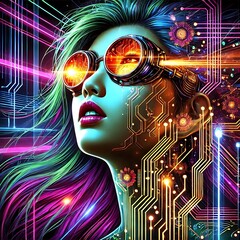 Cyberpunk portrait of woman with neon-lit circuitry