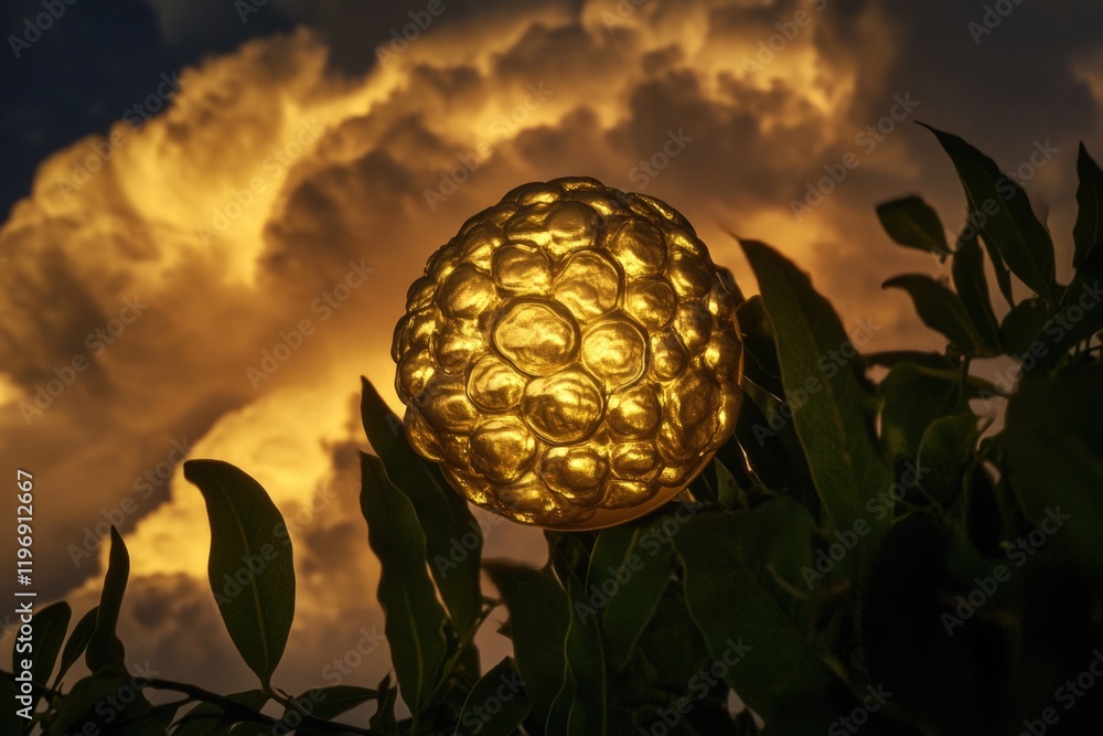 Poster a golden object is nestled in the branches of a tree, perfect for uses such as nature-inspired art o