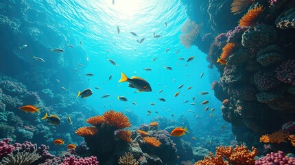 Obraz premium underwater scene featuring a vibrant coral reef and exotic fish, illuminated by epic, lens-glow lighting, showcasing a modern