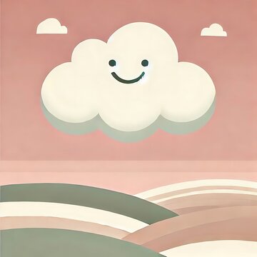 Minimalist smiling cloud above rolling landscape