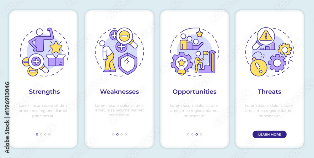 Poster swot strategy onboarding mobile app screen. business development. walkthrough 4 steps editable graph