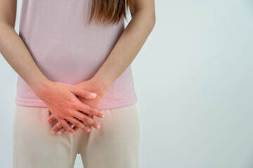 Cervical cancer, female reproductive system, woman touching lower abdomen, sexually transmitted...